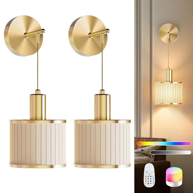 SAIMAND Battery Operated Wall Sconce Set of 2, Wireless Rechargeable Wall Lights with Remote Control, 9 Colors Dimmable LED Lamps, Modern Cordless Sconces for Bedroom Living Room Hallway(Gold)