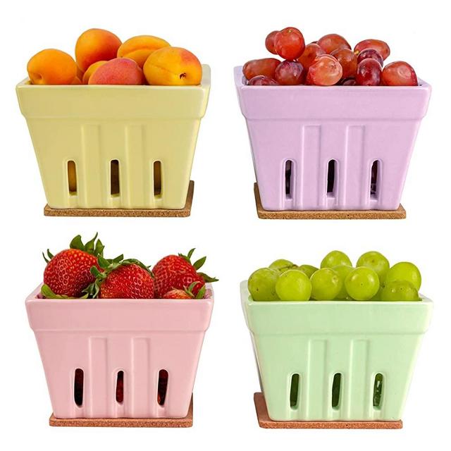 NEXVENTI Ceramic Berry Basket Bowl (Set of 4) | Strawberry Fruit Containers for Fridge | Square Fruit Bowl Farmers Market Harvest Basket | Berry Colander Glass Keeper Stoneware Kitchen Décor (Combi 1)