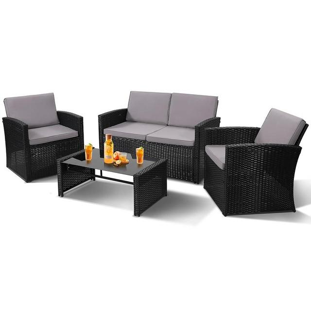 KROFEM 4 Pieces Patio Conversation Set, Outside Rattan Sectional Sofa, Cushioned Furniture Set, Wicker Sofa Ideal for Garden, Porch, Backyard, Black Color Rattan and Light Grey Cushion
