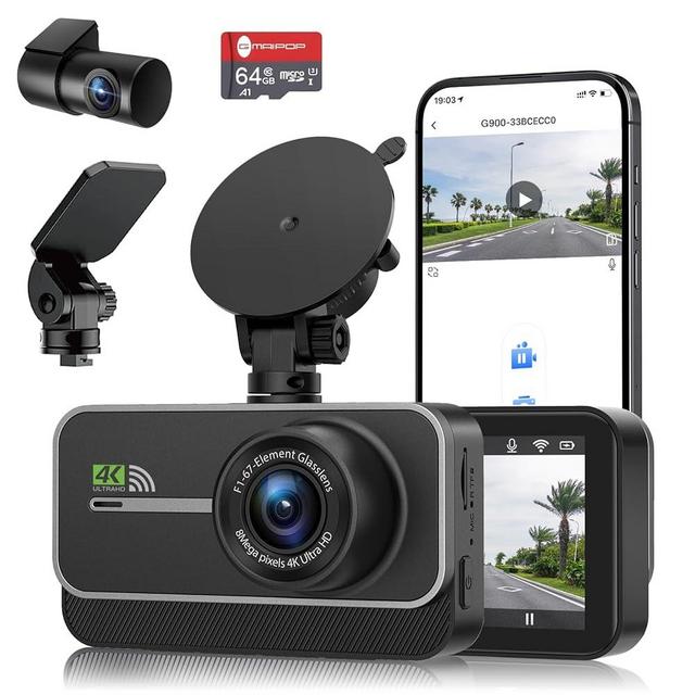 Dash Cam Front and Rear,4K+1080P WiFi Dual Dash Camera for Cars with App, 3" IPS Dual Dashboard Camera Recorder,Night Vision,24H/7 Parking Mode, Loop Recording,170° Wide Angle,Free 64GB SD Card