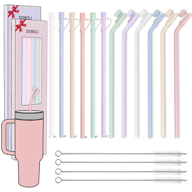 Doboli 12 Pack Replacement 12&13 inch Long Silicone Straw With Straw Cover,Compatible with Stanley 40 oz 30 oz Cup Tumbler, Reusable Straws with Cleaning Brush,for Stanley Tumbler Accessorie