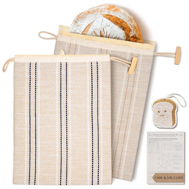 JACYAO'S Beeswax Bread Bags for Sourdough (2 Pack), Sourdough Bread Bags with Removable Beeswax Lining, Cute Cleaning Sponge and Friendly Guide for Beginner, Food Storage Container for Sourdough