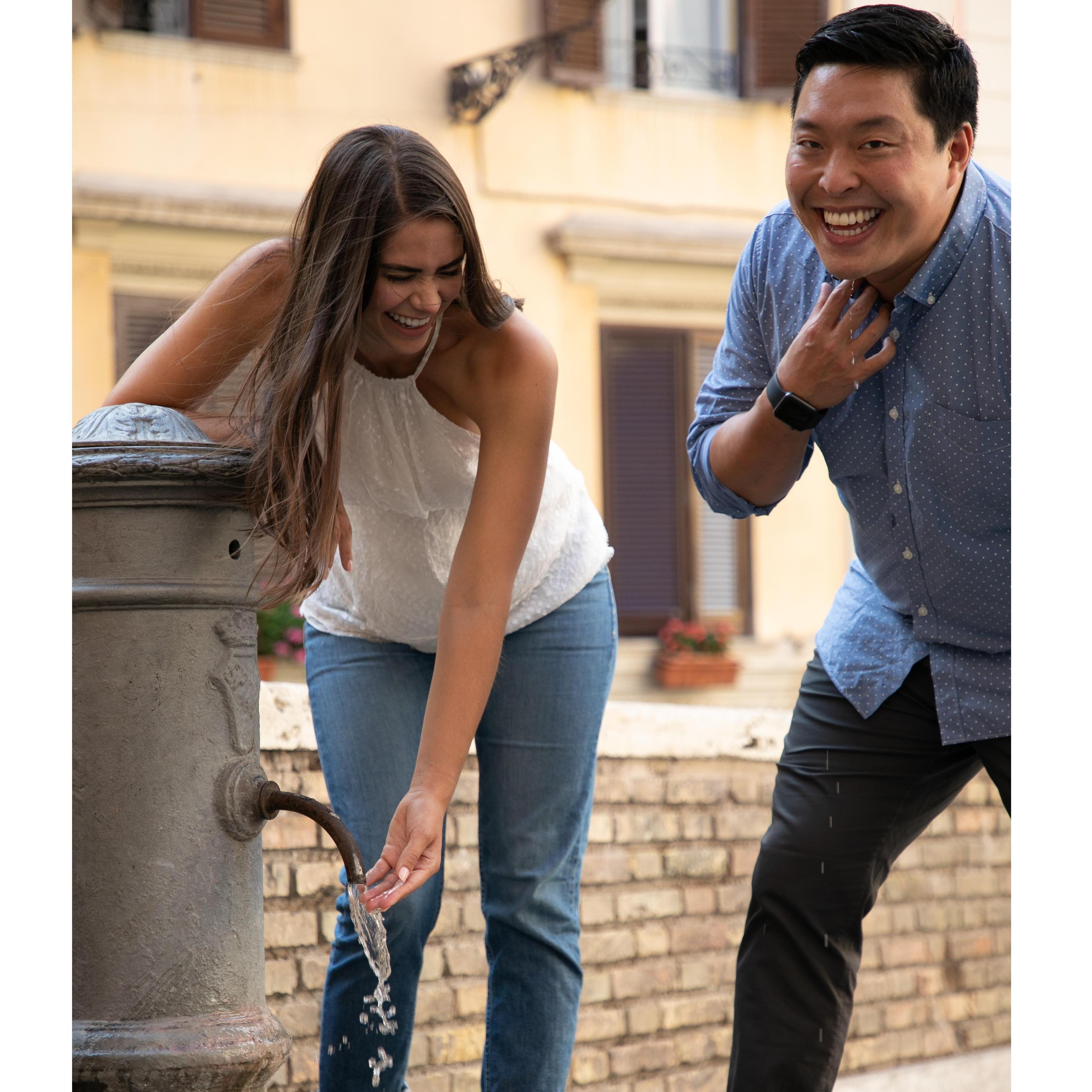 Another one from our photo shoot in Rome. We are laughing at how bad we are at photo shoots. These fountains are all over Rome and they're called nasone, which literally means large nose.