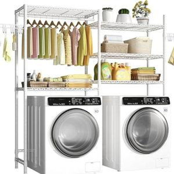 Ulif U6 Clothes Drying Rack, 5-Tier Over Washer and Dryer Laundry Room Storage and Organizer, Heavy-Duty Space Saver, 65.3" W x 13.4" D x 77.5" H, White