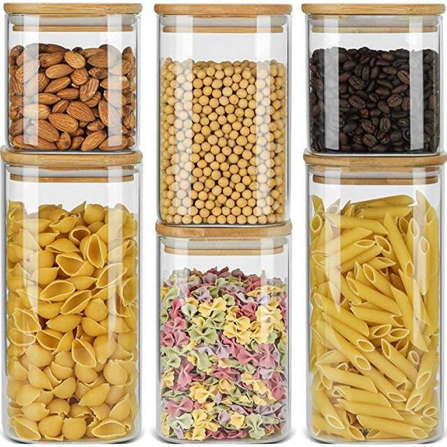 ComSaf Airtight Glass Storage Canister with Bamboo Lid (22oz/37oz/50oz) Set  of 6, Clear Food Storage Container Kitchen Pantry Storage Jar for Flour