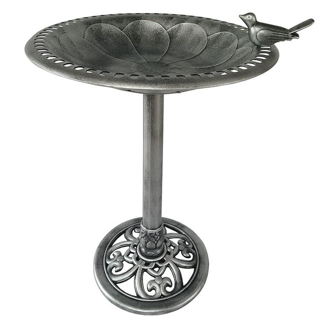 Outdoor Garden Bird Bath - Silver - Weather Resistant Polyresin - 30 Inch - Backyard Expressions