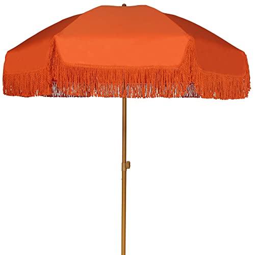 AMMSUN 7ft Patio Umbrella with Fringe Outdoor Yard Umbrella UPF50+ Wood Color Steel Pole and Steel Ribs Push Button Tilt - Orange