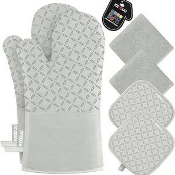 KEGOUU Oven Mitts and Pot Holders 6pcs Set, Kitchen Oven Glove High Heat Resistant 500 Degree Extra Long Oven Mitts and Potholder with Non-Slip Silicone Surface for Cooking (Grey)