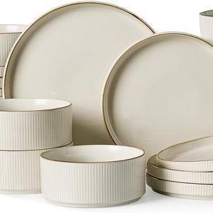 Famiware Star Dinnerware Set, Plates and Bowls Sets for 8 (24pcs), Ribbed Stoneware Dishes - Chip & Scratch Resistant, Microwave & Dishwasher Safe Tableware, White