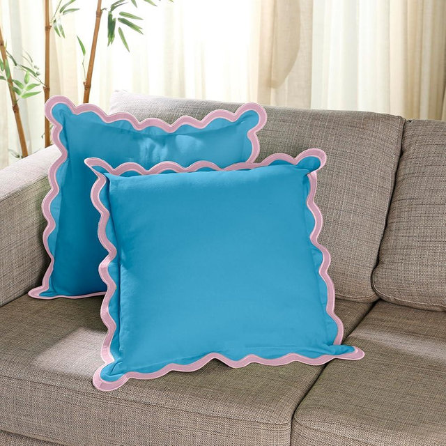 Folkulture Throw Pillow Covers 18x18 Set of 2 | Cotton, Cute Blue Pillow Covers for Couch | Aesthetic, Preppy Scalloped Decorative Pillows for Living Room Décor, Hannah Montana Party Decorations