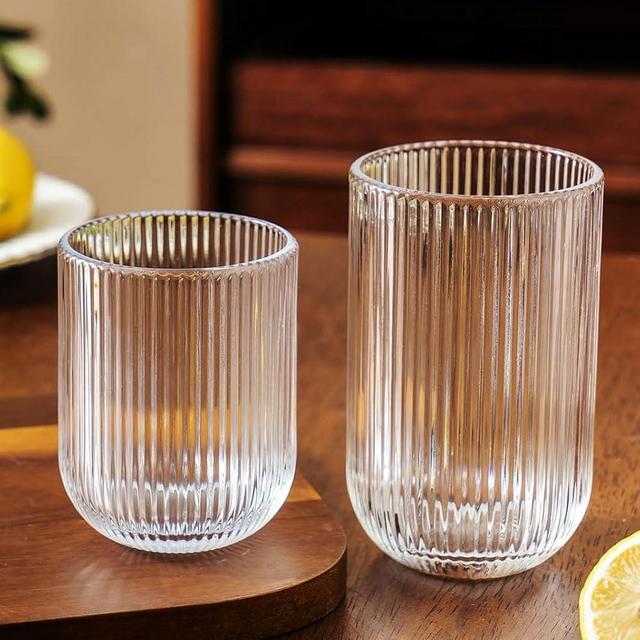 Lumkit Ribbed Drinking Glasses 8pcs, Rocks Drinking Glasses 12oz and 10oz, Tumbler Glasses Cup Set for Wedding, Party, Christmas Gift, Clear