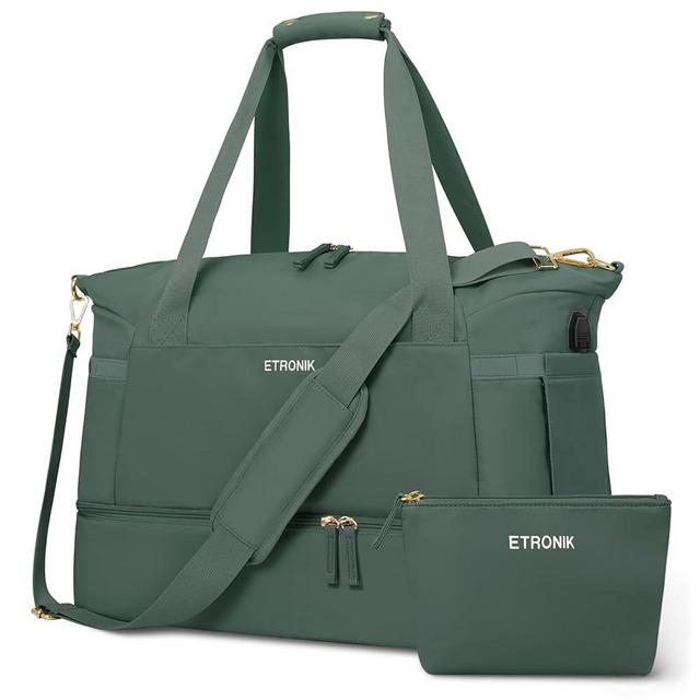 Gym Bag for Women, Sports Travel Duffel Bag with USB Charging Port, Weekender Overnight Bag with Wet Pocket and Shoes Compartment for Women, Travel, Gym, Yoga (Dark Green)