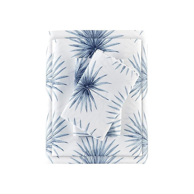 Madison Park 100% Cotton Sheets, Breathable & Soft Cotton Bed Sheets, Printed Design, Elastic Pocket Cotton Sheet Set Fits Up to 17" Mattress, All Season, Queen Blue Palmetto 4 Piece