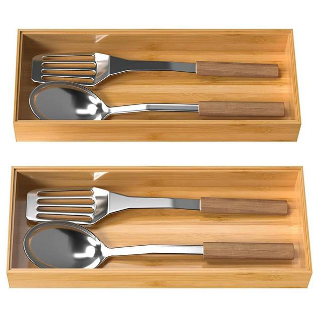 VeyFey Bamboo Drawer Organizer, Stackable Utensil Organizer for Kitchen, Silverware Tray for Drawer 15" x 6" x 2" Set of 2