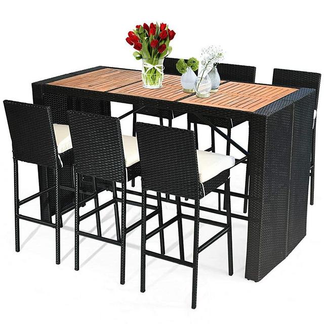 Tangkula 7 PCS Outdoor Dining Set, Patio Wicker Furniture Set with Acacia Wood Table Top and Removable Cushion, Conversation Set for Patios, Backyards, Porches, Gardens and Poolside (Black)