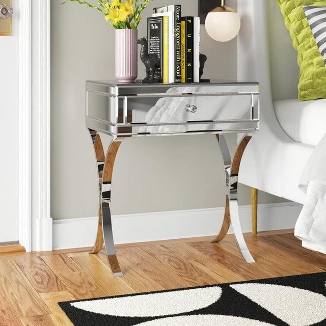 SHYFOY Mirrored Nightstand with Drawer, Silver Bed Side Table/Night Stand, Mirror Finished Metal X-Leg Side Table, Modern Accent Bedside Table for Bedroom Living Room
