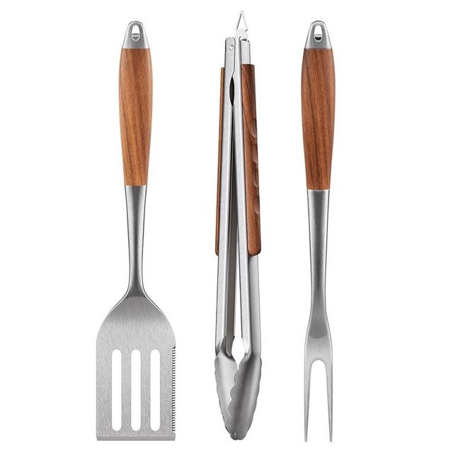 ENLOY Heavy-Duty Barbecue Grilling Tools Set, Outdoor Grill Accessories with Spatula, Fork & Tongs, Extended Rosewood Handle & Food-Grade Stainless Steel for Barbecue & Grill, 3Pcs BBQ Tools for Men