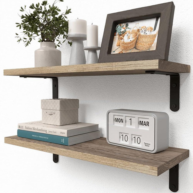 RICHER HOUSE Floating Shelves Set of 2, Rustic Wood Wall Mounted Shelves for Storage, Wall Shelves for Wall Decor, Hanging Shelf for Bathroom, Bedroom, Kitchen Storage, Living Room - Carbonized Black