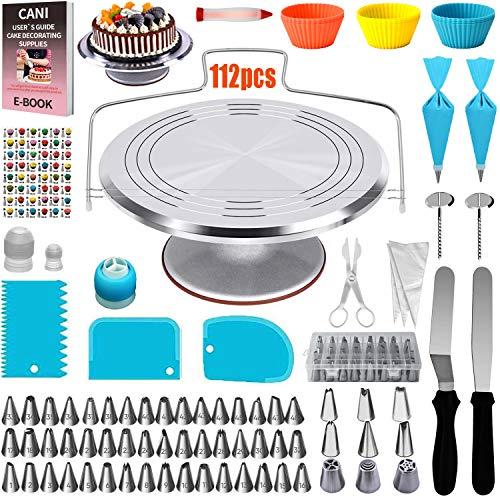 112 Pcs Cake Decorating Supplies kit with Metal Cake Turntable-57 Icing Tips,Baking Cups,Icing Spatulas,Cake Decorating Kit with Storage Box, Baking Supplies for Beginner and Cake-Lover