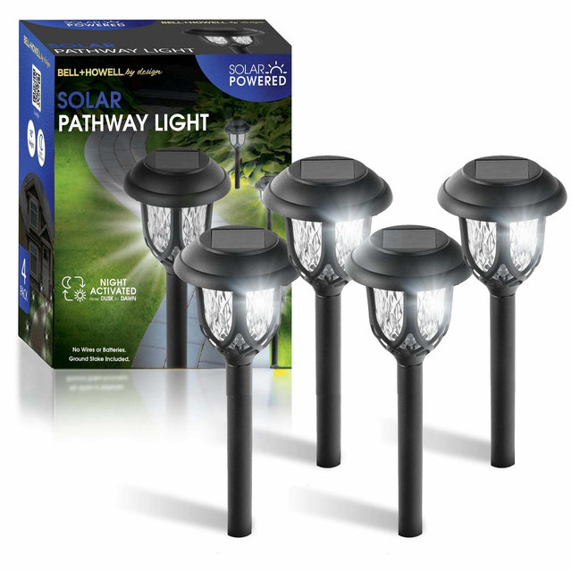 Bell + Howell Solar Pathway Lights Black 4 Pack Lantern Style Dusk to Dawn Outdoor Lights