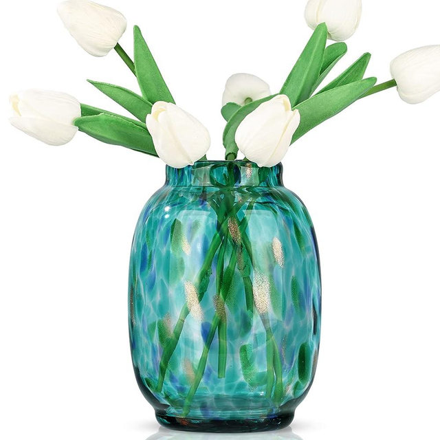 Blown Glass vase, Green Round Mouth vase, Modern Glass Art vase, Living Room Decorative vase for Living Room, Kitchen, Wedding, Dining Room Table, Office Centre Table with Flowers (G)