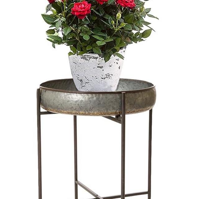 Glitzhome 25.8"H Metal Plant Stand with Removable Round Tray,Folding Galvanized Coffee Sofa End Table Flower Pot Holder Shelves Planter Display Storage Shelf for Home Garden Patio Plant Balcony Corner