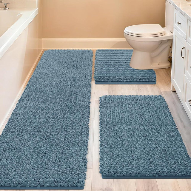 ACCUMTEK Upgrade Extra Large Haze Blue Bathroom Rug Set 3 Pieces Ultra Soft, Thick Absorbent Bath Mats, Non Slip Chenille Toilet Mat for Bathroom, Bedroom, Kitchen, Stone Blue