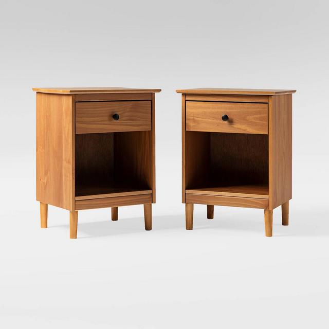 Set of 2 Smith Classic Mid-Century Modern Solid Wood 1 Drawer Nightstands Caramel - Saracina Home