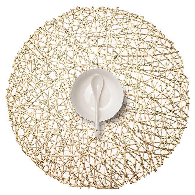 FunWheat Round Metallic Vinyl 15 inch Placemat Set of 6 Hollow Out Heat-Resistant Shining Table Mat Decorative Gift for Holiday Party Wedding (Nest Gold)