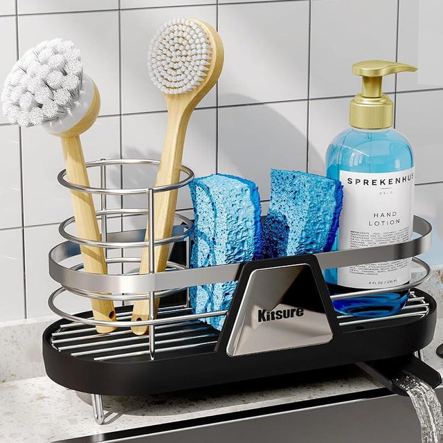 Kitsure Sponge Holder for Kitchen Sink - Space-Saving Kitchen Sink Caddy, Rustproof Metal Organizer with Removable Brush Holder, 9.8"×3.9"×5.3", Black