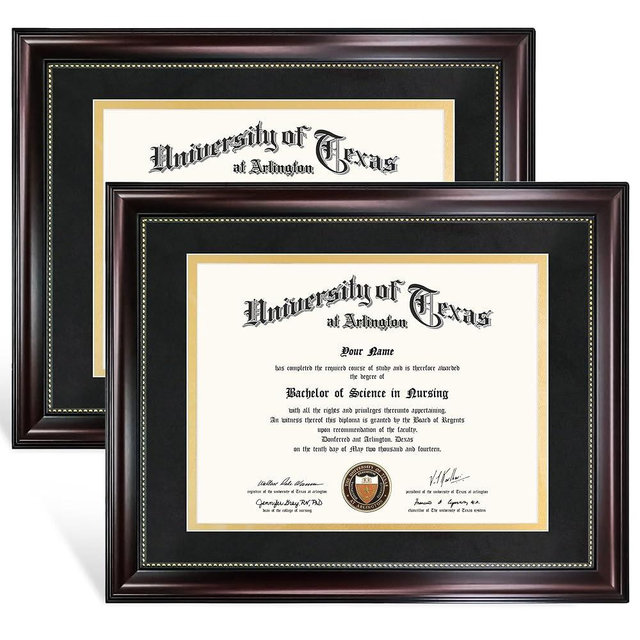 GraduationMall 8.5x11 Diploma Frame with Black over Gold Mat or Display 11x14 Document without Mat, UV Protection Acrylic, Mahogany with Gold Beads, Set of 2