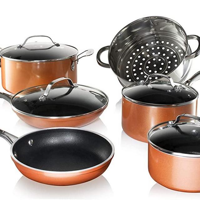 Gotham Steel Copper Cast 10 Piece Pots and Pans Set with Ultra Nonstick Diamond Surface, Includes Frying Pans, Stock Pots, Saucepans & More, Stay Cool Handles, Oven & Dishwasher Safe, 100% PFOA Free