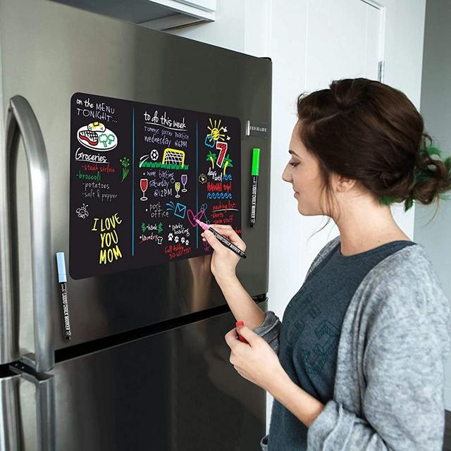 Magnetic Black Dry Erase Board for Fridge: with Bright Neon Chalk Markers - 16x11" - 4 Liquid Blackboard Markers with Magnet - Small Whiteboard Chalkboard for White Refrigerator