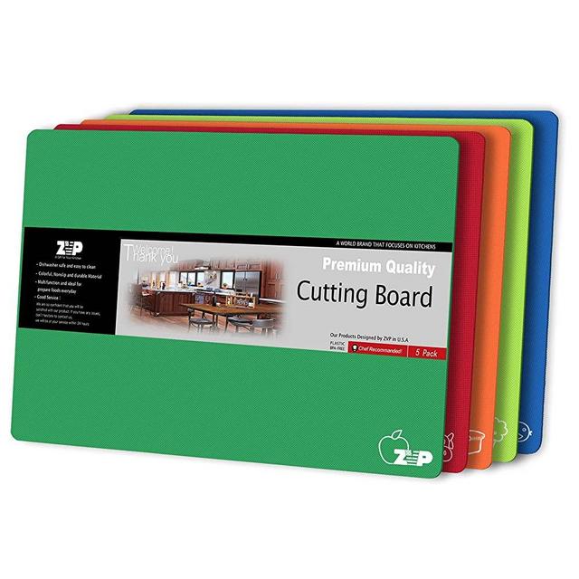 ZVP Flexible Plastic Cutting Board Mats Set of 5, Colorful Chopping Boards with Food Icon for Kitchen, BPA Free, Non-Slip Back, Non Porous, Dishwasher Safe