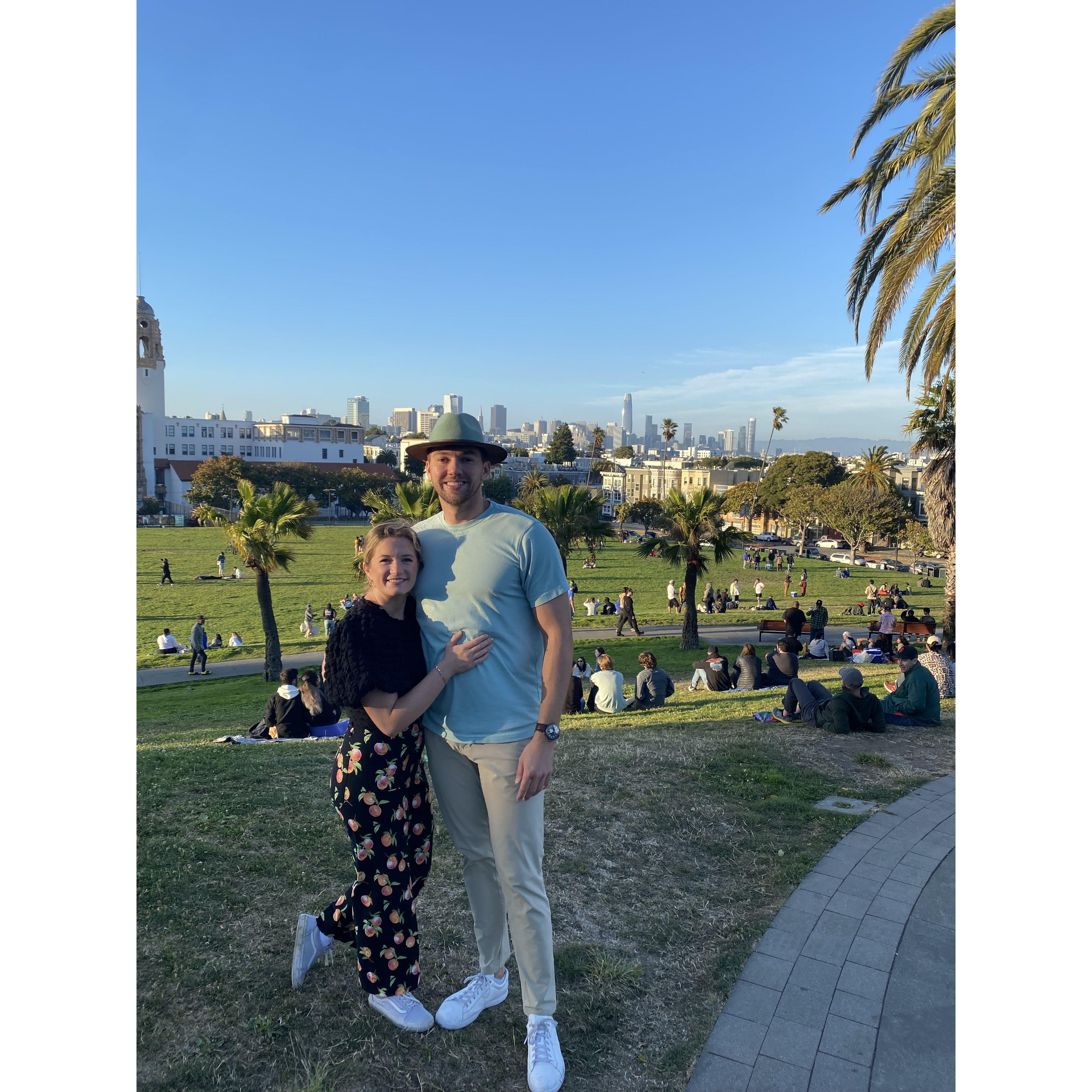 The San Francisco skyline right before eating the best ramen either of us have ever had.