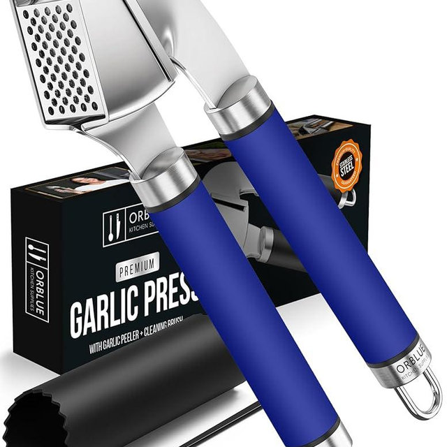 ORBLUE Garlic Press Stainless Steel - Premium Professional Grade Garlic Mincer, Crusher & Peeler Set - Easy Clean, Dishwasher Safe & Rust-proof, Blue