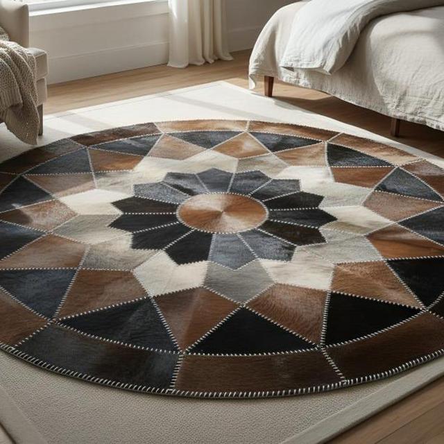 Handmade Cowhide Patchwork Rug – Round Geometric Leather Carpet