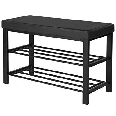 SONGMICS Shoe Bench, 3-Tier Shoe Rack for Entryway, Storage Organizer with Foam Padded Seat, Faux Leather, Metal Frame, for Living Room, Hallway, 31.9 x 12.6 x 19.3 Inches, Black ULBS58H