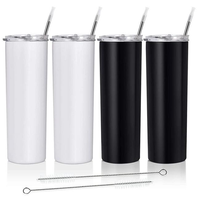 20 Oz Stainless Steel Skinny Tumbler, 4 Pack Double Wall Insulated Tumblers with Lids and Straws, Insulated Travel Water Tumbler Cup, Slim Vacuum Tumbler Travel Mug for Coffee Drinks, White Black