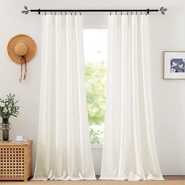 RYB HOME Semi Sheer Curtains - Linen Textured Sheer Curtains Light & Airy Country Curtains Privacy Sheer Window Decor for Bedroom Living Room Sun Room, Light Cream, W 52 x L 90 inch, 1 Pair