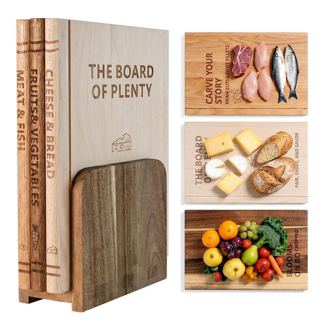 Book Cutting Board Set, Cutting Board Book Set for Kitchen, Set of 3 Unpainted Solid Wood of Beech, Oak & Acacia with Stand, Wood Decorative Cutting Boards that Look Like Books, Gift for Book Lovers