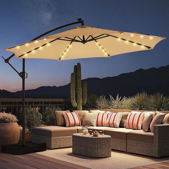 HOMSHADE 10ft Solar Lights Offset Cantilever Patio Umbrella - w/Light and Base, LED Lighted Offset Hanging Patio Outdoor Market Umbrella UPF50+ UV Protection with Easy Tilt and Crank (Beige)
