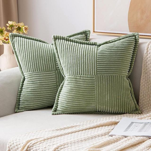MIULEE Corduroy Pillow Covers with Splicing Set of 2 Super Soft Boho Striped Pillow Covers Broadside Decorative Textured Throw Pillows for Couch Cushion Livingroom 16 x 16 inch, Sage Green