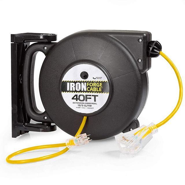 40 Ft Retractable Extension Cord Reel - 2 In 1 Mountable & Portable Power Cord Reel with 3 Electrical Outlets - 12/3 SJTW Heavy Duty Yellow Cable - Perfect for Hanging from Your Garage Ceiling