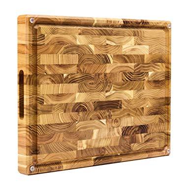 Large End Grain Teak Wood Cutting Board with Built-in Compartments, Non-slip: 17x13x1.5 with Juice Groove (Gift Box Included) by Sonder Los Angeles