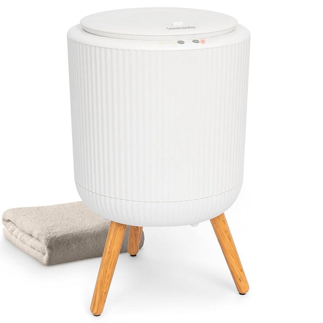 SereneLife Freestanding Towel Warmer Bucket – 18" Hot Towel Warmer with Legs for Bathroom & Spa, 12L Capacity, Built-In Timer, Aroma Discs & LED Indicator, Fits One Towel or Robe, Gray