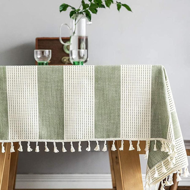 TruDelve Heavy Duty Cotton Linen Tablecloth for Rectangle Table Stitching Tassel Table Cloth for Dining Table Dust-Proof Table Cover for Tabletop Decoration (55"x70", Green)