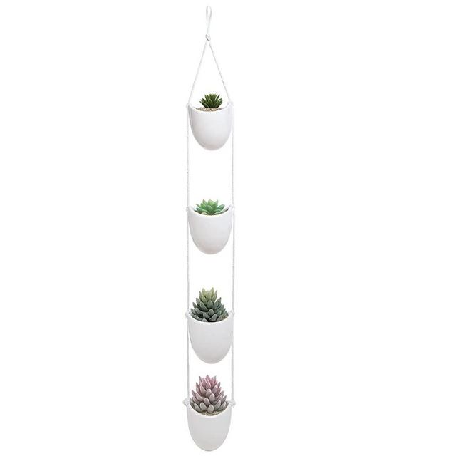 White Ceramic Rope Hanging Planter Set with 4 Flower Pots Plant Containers/Decorative Display Bowls