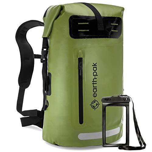 Earth Pak Waterproof Backpack: 35L / 55L Heavy Duty Roll-Top Closure with Easy Access Front-Zippered Pocket and Cushioned Padded Back Panel for Comfort; IPX8 Waterproof Phone Case Included