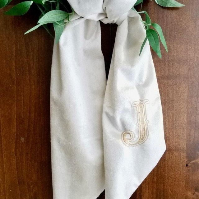 Monogram wreath sash, velvet, wreath, thanksgiving, boxwood, embroidered, monogram, ribbon, fall, classic, door, ivory, cotton, Christmas